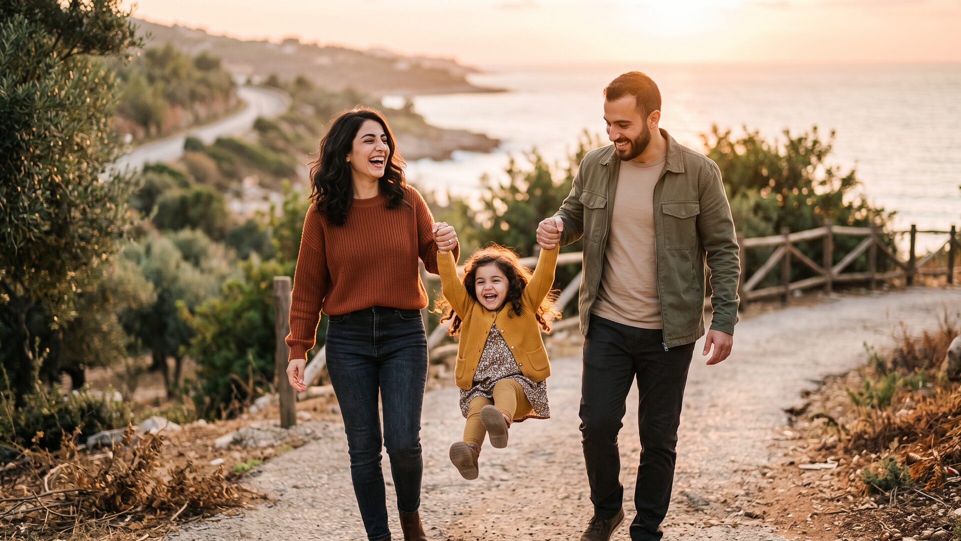أم وأب لبنانيين ماشيين مع بنتهن الضاحكة عم تتراجح بينهن عطريق ساحلي بضو الغروب، هيدا الأمان يلي تأمين توما على الحياة بيحميه