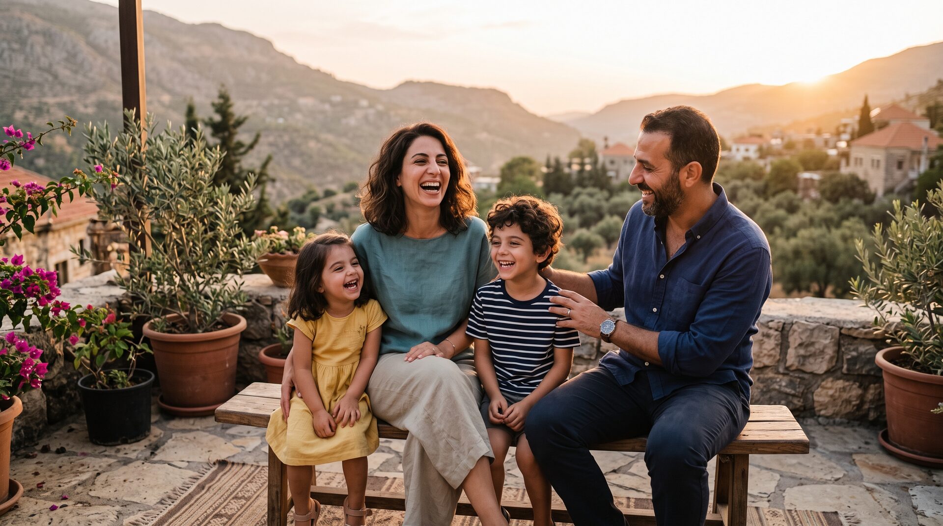 عيلة لبنانية مبسوطة عم تضحك سوا عالتراس بضو الغروب، هيدي اللحظات اليومية يلي تغطية توما الصحية بتحميها